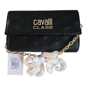 NWT Cavalli Class Black Quilted Crossbody Bag with Gold Chain
